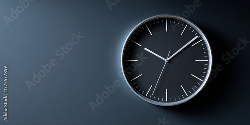 Wallpaper Mural A clock with a black face and white hands is hanging on the wall, showing that it's almost five o'clock. The background is dark blue Torontodigital.ca