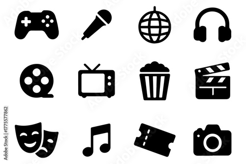 Old Cinema Icons. icon set of old cinema: film reel, movie camera, clapperboard, popcorn, cinema