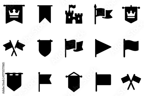 Collection of black and white flag and banner illustrations on poles and scrolls.