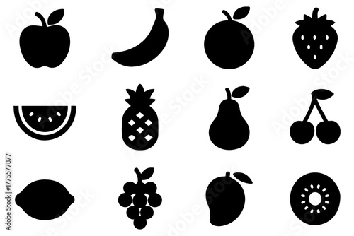 Silhouette fruit icons set: apple, banana, citrus, and more in bold black designs