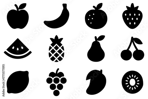 Silhouette fruit icons set: apple, banana, citrus, and more in bold black designs