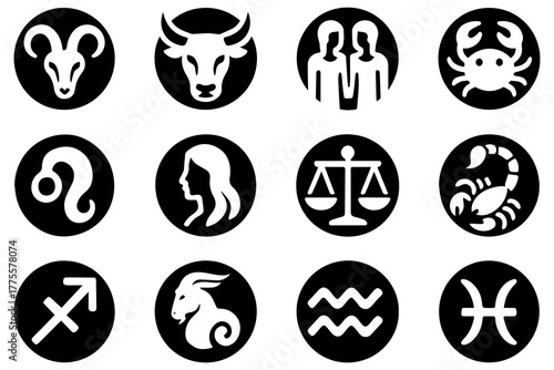 Zodiac astrology symbols representing twelve star signs in black vector design for horoscope and celestial themes
