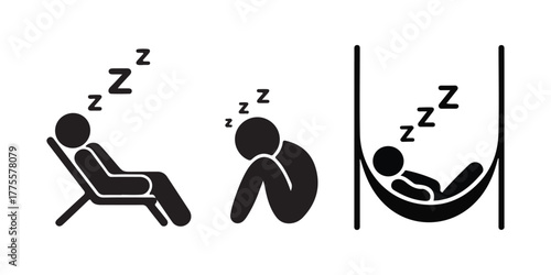 Sleeping Positions Pictogram Set Lounge Chair, Floor, and Hammock with Sleep Z's