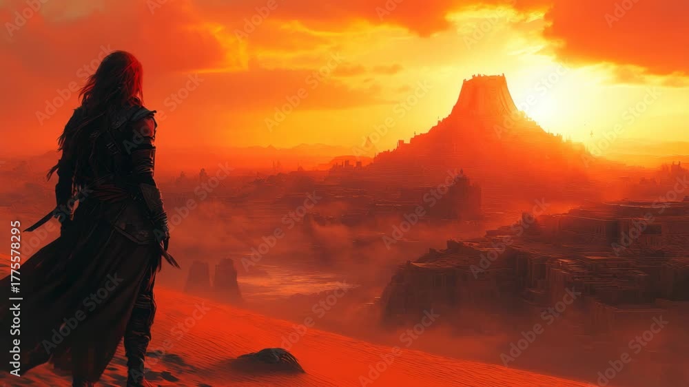 A lone warrior overlooks the ancient ruins of a lost city in a fiery ...