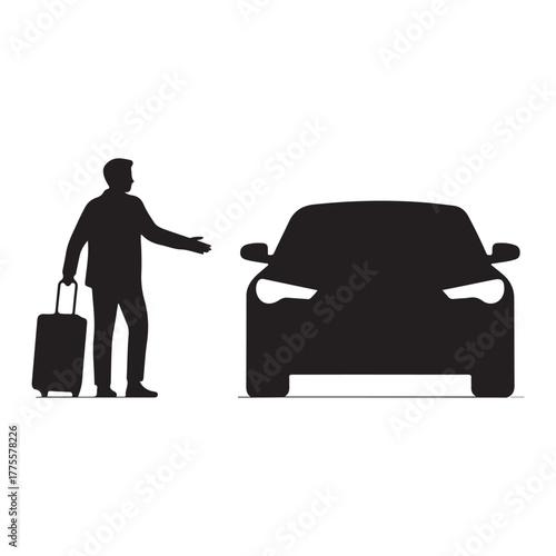 Man with suitcase greeting car silhouette vector