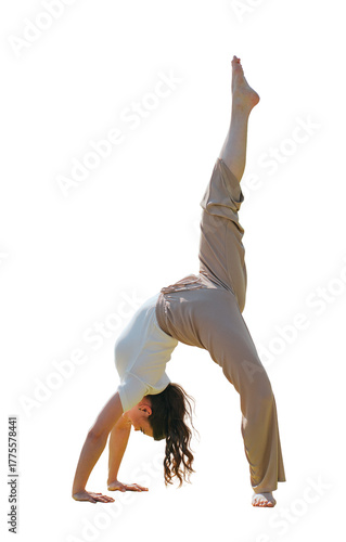 Dynamic yoga pose on transparent background, woman demonstrating flexibility and balance in a tranquil garden setting
