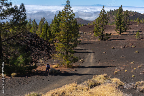 Woman hiking above the clouds