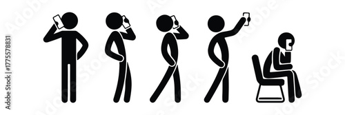 Stick Figures Using Cellphones Talking, Walking, Sitting, Selfie, Communication Black Icons