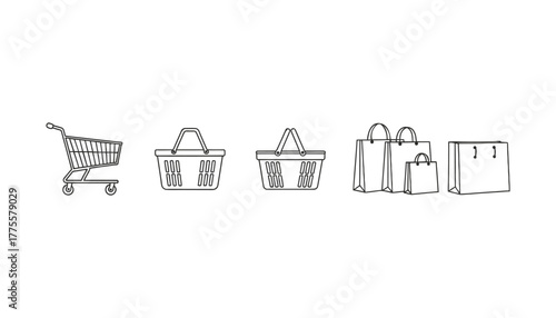 Shopping  bags, baskets and shopping cart line art icon