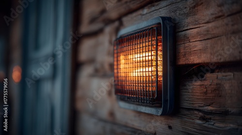 Intricate Macro Photograph of a Stylish Electric Heater in a Rustic Setting with Warm Illumination for a Cozy Winter and Sustainable Energy Environment