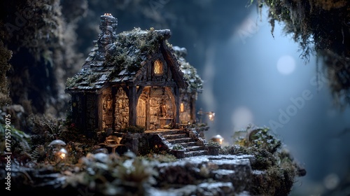 Ethereal Micro Cottage Emerging from Mystic Mists in a Mythical Forest, Expertly Crafted by Gnome and Troll Artisans in a Surreal Setting