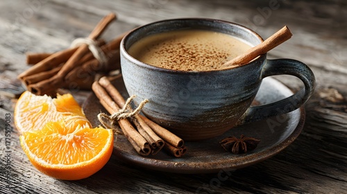 Artistic depiction of a cup of coffee adorned with cinnamon sticks and a zesty orange on a rustic wooden table emphasizing its nutritious coconut milk and mocha blend for sensitive individuals