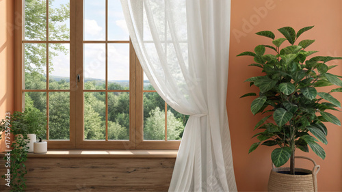 A room interior with a window view of the forest. This vector background has a white curtain, plants, and natural light. A cozy, peaceful home concept.
