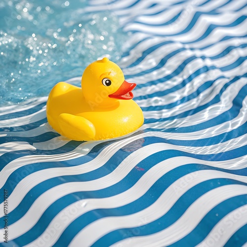 Yellow Rubber Duck on Blue and White Striped Waves
