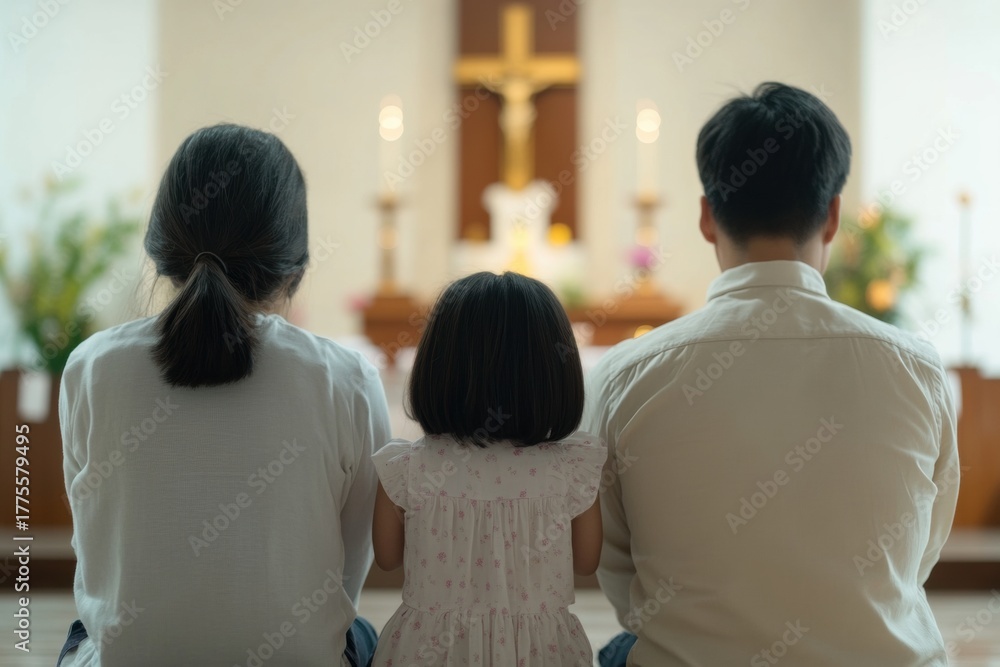 Fototapeta premium Prayer and Unity: A family unites in prayer within a church, the cross symbolizing faith and the shared bond. Embracing a moment of spiritual contemplation, a symbol of hope and togetherness.