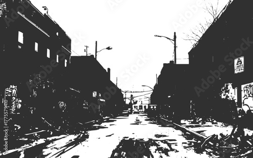 Grungy Geometric Building Silhouette in a Desolate Urban Landscape white isolated background.Monochrome Abstract City. Grunge Style Cityscape With High Rise Buildings.