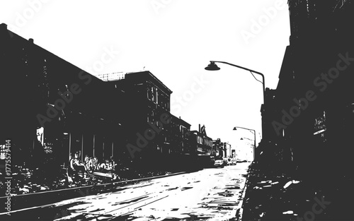 Grungy Geometric Building Silhouette in a Desolate Urban Landscape white isolated background.Monochrome Abstract City. Grunge Style Cityscape With High Rise Buildings.