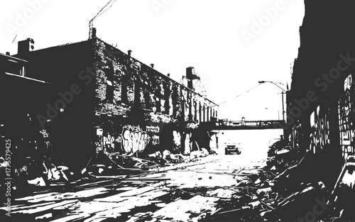 Grungy Geometric Building Silhouette in a Desolate Urban Landscape white isolated background.Monochrome Abstract City. Grunge Style Cityscape With High Rise Buildings.