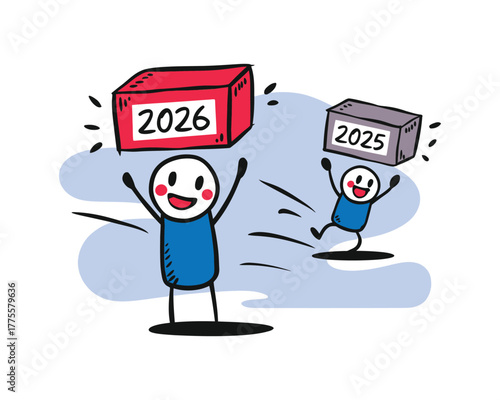 Cute cartoon characters celebrating New Year 2026 replacing 2025 in fun doodle style illustration