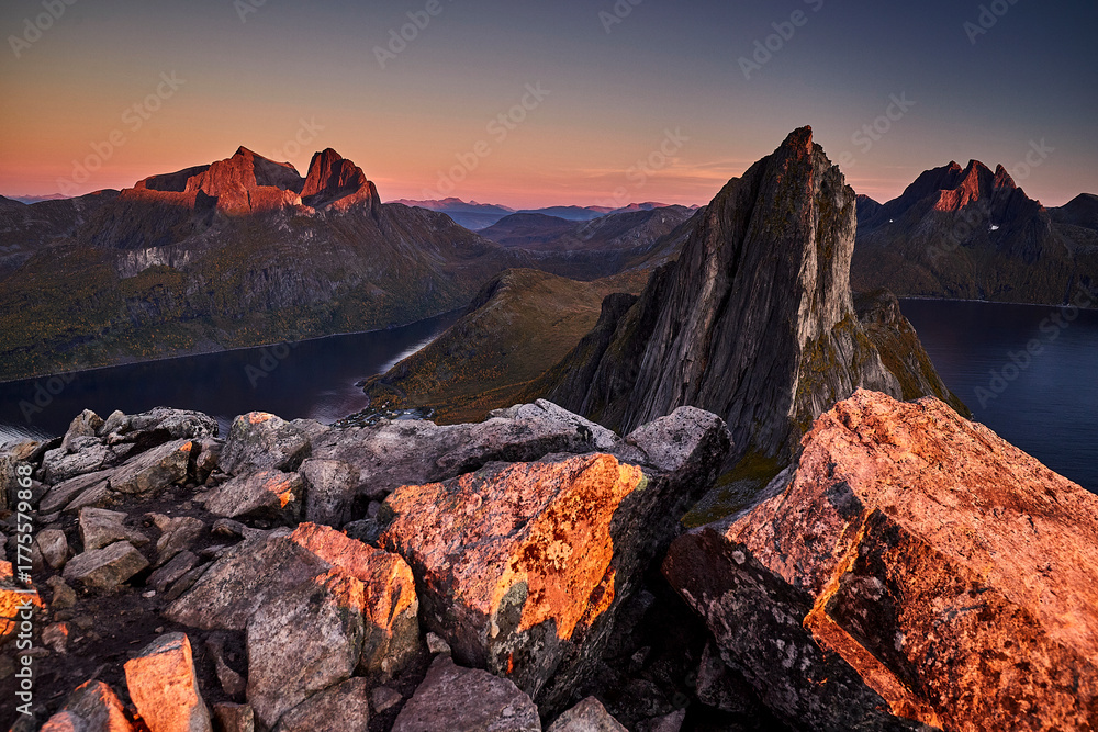 Naklejka premium Autumn sunset , Senja Island, Hesten, Segla, Fjordgard