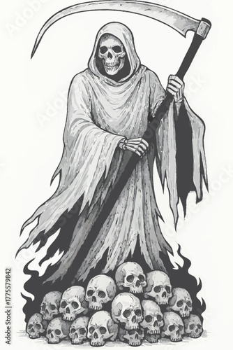 Grim Reaper above a pile of skulls vector
