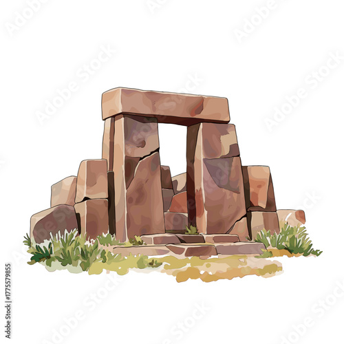 Tiwanaku Archaeological Site. Tiwanaku Archaeological Site hand drawn watercolor illustration