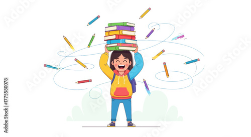 Joyful Student Balancing Books and Pencils Celebrating the Pursuit of Education