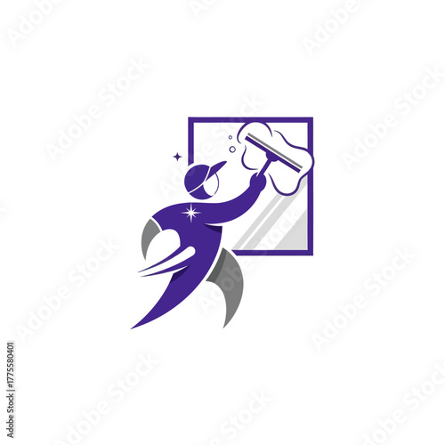 Professional window cleaner illustration with squeegee and sparkling clean window graphic design for cleaning service concept