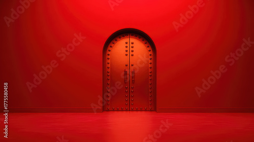 Minimalist 3D rendered red room with an arched, riveted door. Abstract background for design or spiritual concepts.