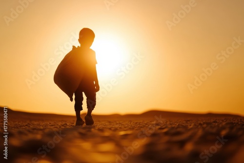 Hope in the Horizon: A silhouette of a young person walks towards the sunset, carrying a symbolic bag, embodying themes of migration, adversity, and a quest for a better future.