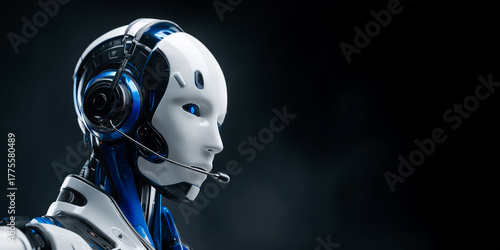 AI Agent Customer Support. Smart call center solutions AI where artificial intelligence optimizes service, A humanoid robot wearing a headset microphone like a call center operator.