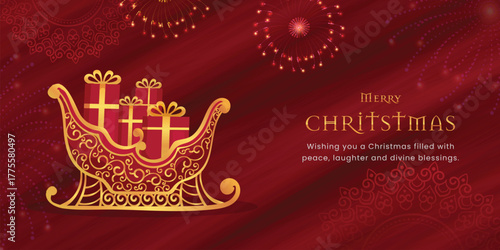 Elegant Merry Christmas banner Beautifully decorated golden sleigh overflowing with presents. Festive fireworks illuminate a deep red background with subtle ornamental patterns.