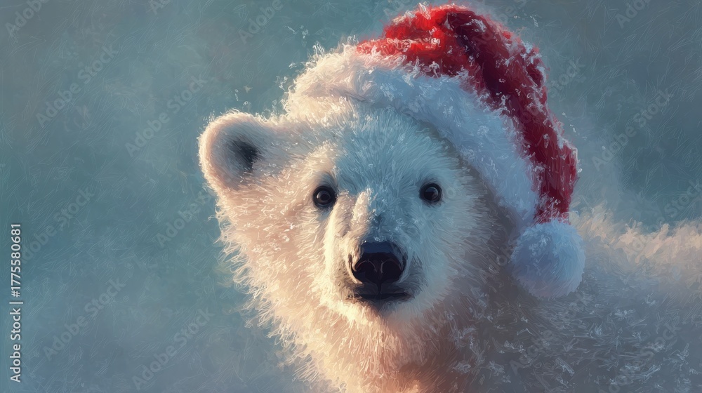 Naklejka premium polar bear cub wearing santa hat in festive digital painting