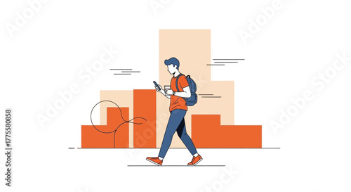 Modern Traveler: Man With Backpack, Coffee, And Smartphone, Walking In City Outline
