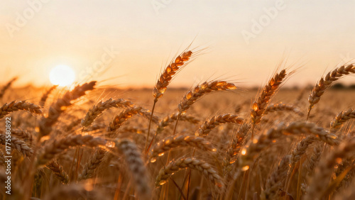 Golden wheat field at sunset with backlighting and shallow depth of field. inspiring travel planning, travel magazines, designed for outdoor magazines and nature guides.