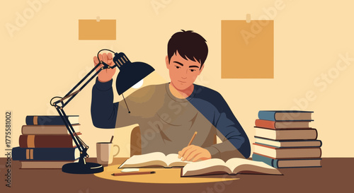Focused Student Studying With Desk Lamp Illuminated Books Surrounded By Knowledge