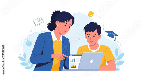 Online Education Guidance: Teacher Helping Student With Laptop And Important Data