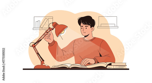 Focused Student Studying Under Lamp Light Reading Books in Cozy, Warm Environment Now