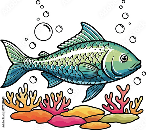 Cartoon fish swimming underwater with coral reef and bubbles in a colorful design