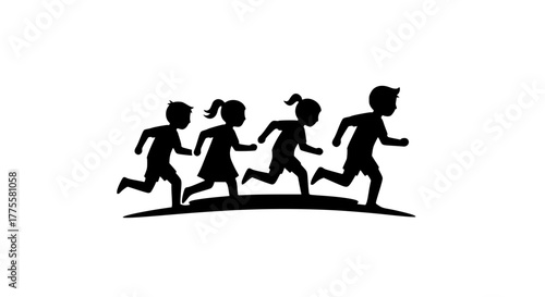 Vector icon of kids running together, minimalist black and white silhouette, transparent background