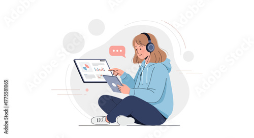 Online Learning and Analysis: Girl with Headphones Studying Data on Digital Devices