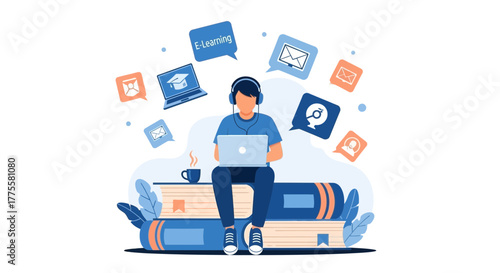 Online Learning and Digital Education Represented With Student Working on Laptop