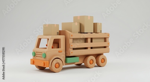 Wooden toy truck carrying cardboard boxes on a light gray background for logistics and delivery concepts