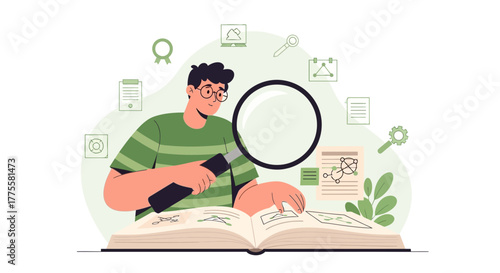 Illustration Of A Man Examining Information With A Magnifying Glass And Book