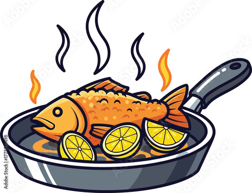 Cartoon fried fish with lemon slices in a pan ready to be served for dinner
