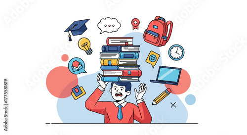 Overwhelmed Student With Books and Study Tools Depicting Educational Stress