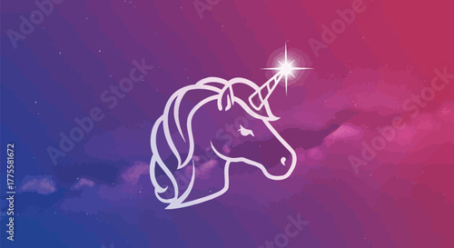 White unicorn silhouette with a shining horn on a vibrant cosmic background art