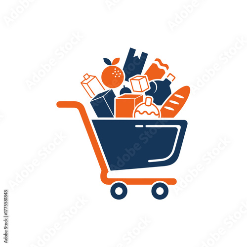 Shopping cart full of groceries and food products vector illustration