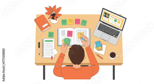 Person Studying, Using Laptop, Notebook and Sticky Notes on Workspace Desk