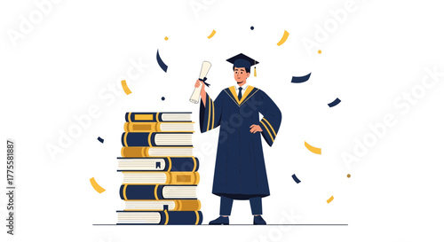 Triumphant Graduate Holding Diploma Standing Next to Stack of Books Celebrating Success at College